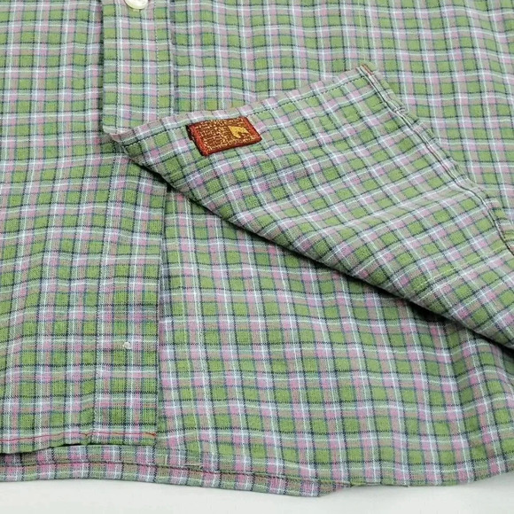 7 For All Mankind XL Men's Logo Tag Green Pink White Trim Check 2 Pockets Shirt - Picture 5 of 8